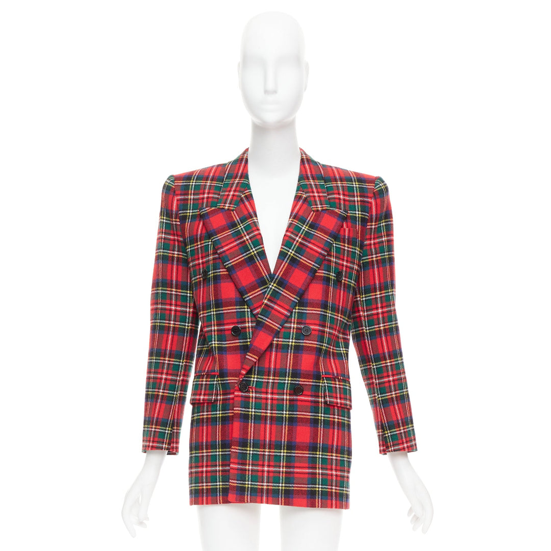 SAINT LAURENT 2023 red scotland plaid wool blend power blazer FR34 XS