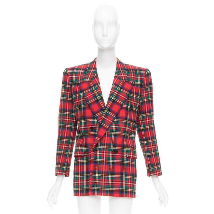 SAINT LAURENT 2023 red scotland plaid wool blend power blazer FR34 XS