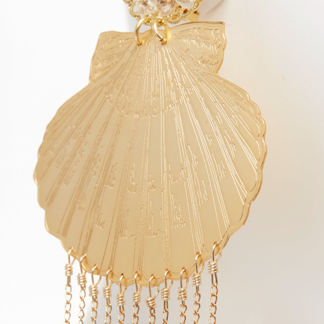 MERCEDES SALAZAR gold metal shell crystal faux pearl tassel clip earrings Pair