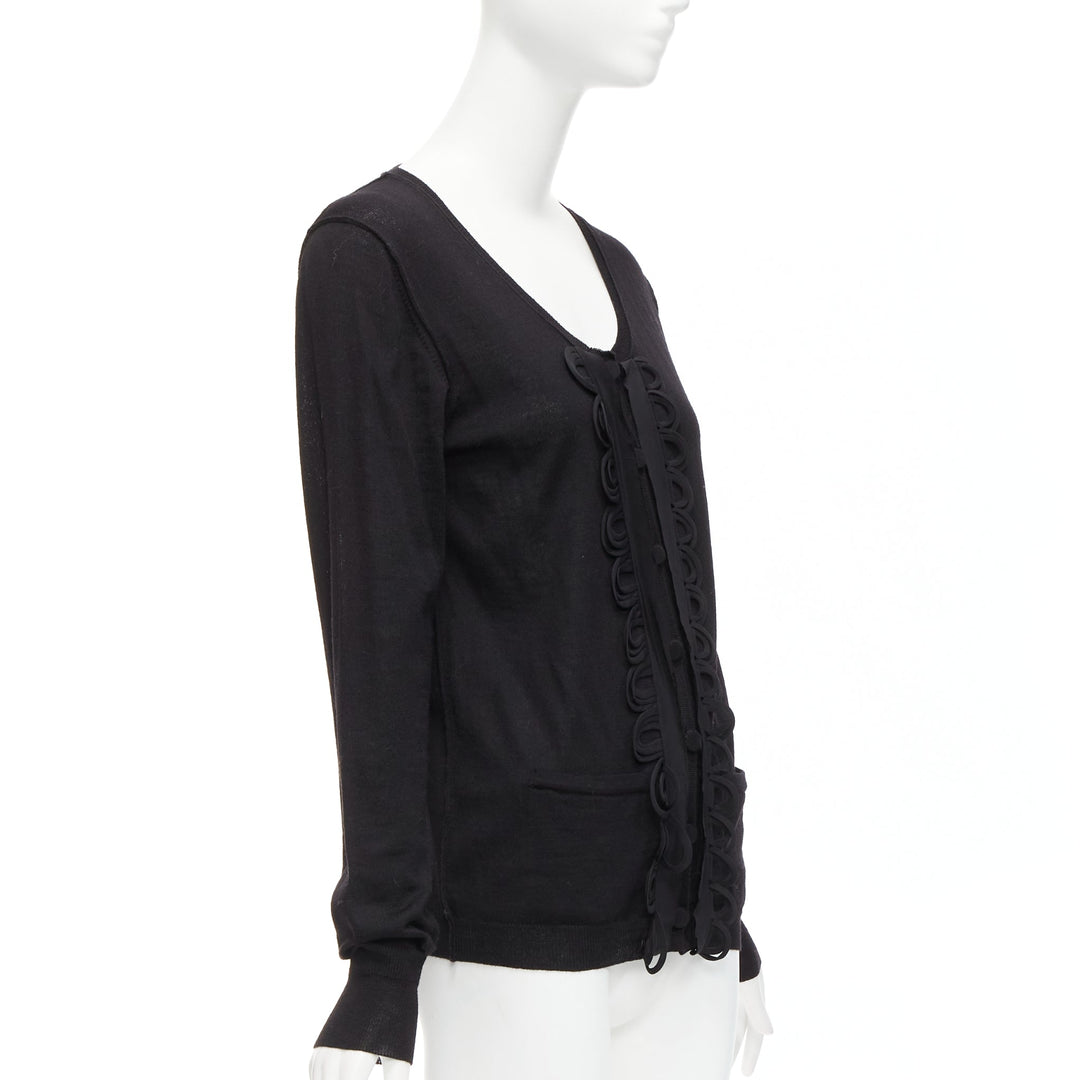 CHLOE black wool military scallop loop ruffle scoop neck cardigan M