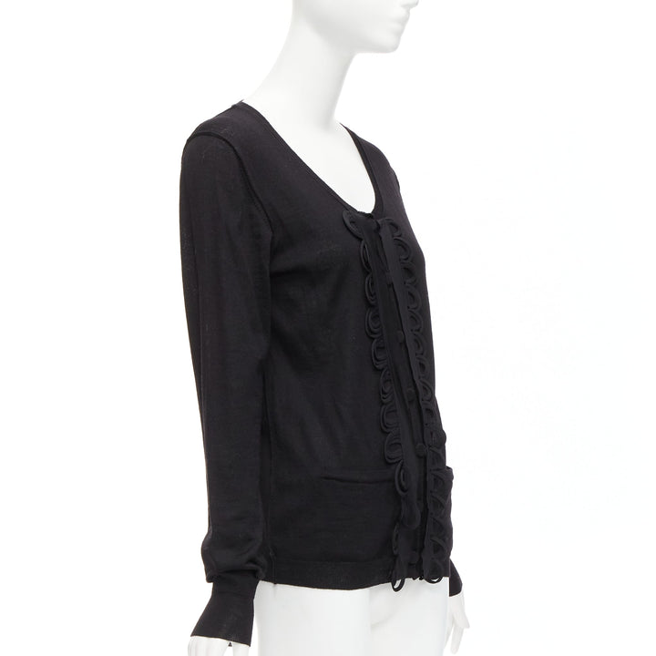 CHLOE black wool military scallop loop ruffle scoop neck cardigan M