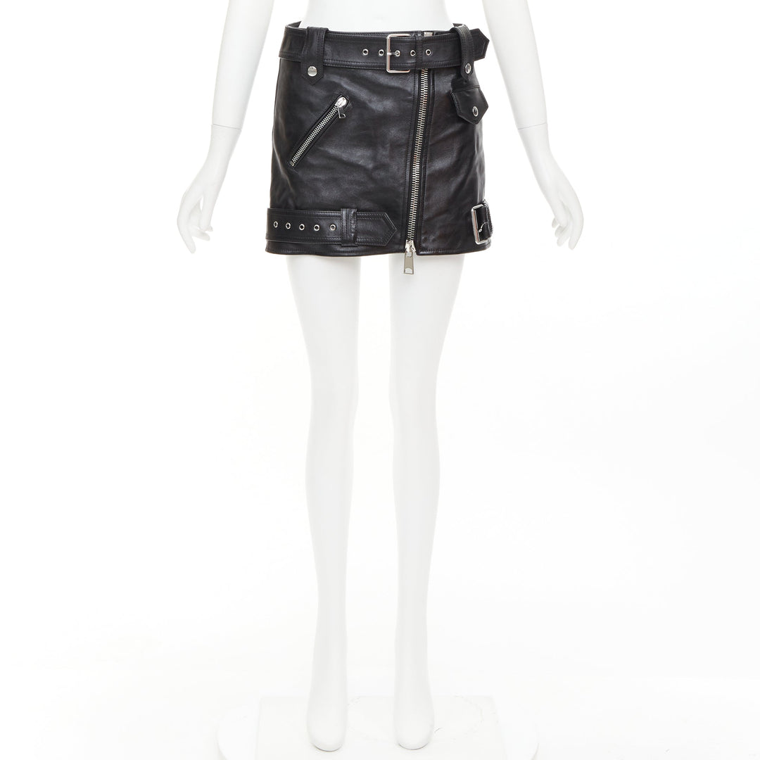 ALEXANDER MCQUEEN 2023 black cowhide leather silver biker zip skirt IT36 XXS