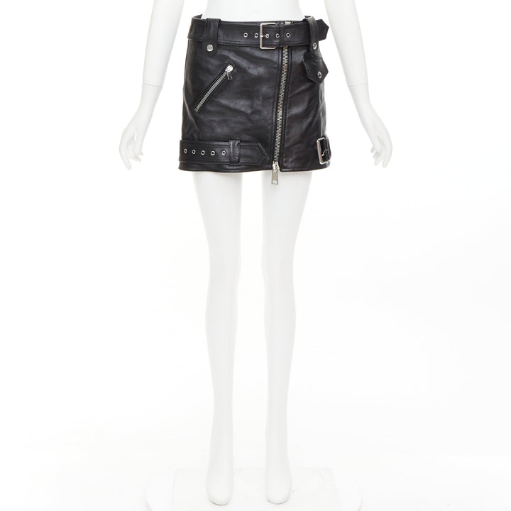 ALEXANDER MCQUEEN 2023 black cowhide leather silver biker zip skirt IT36 XXS