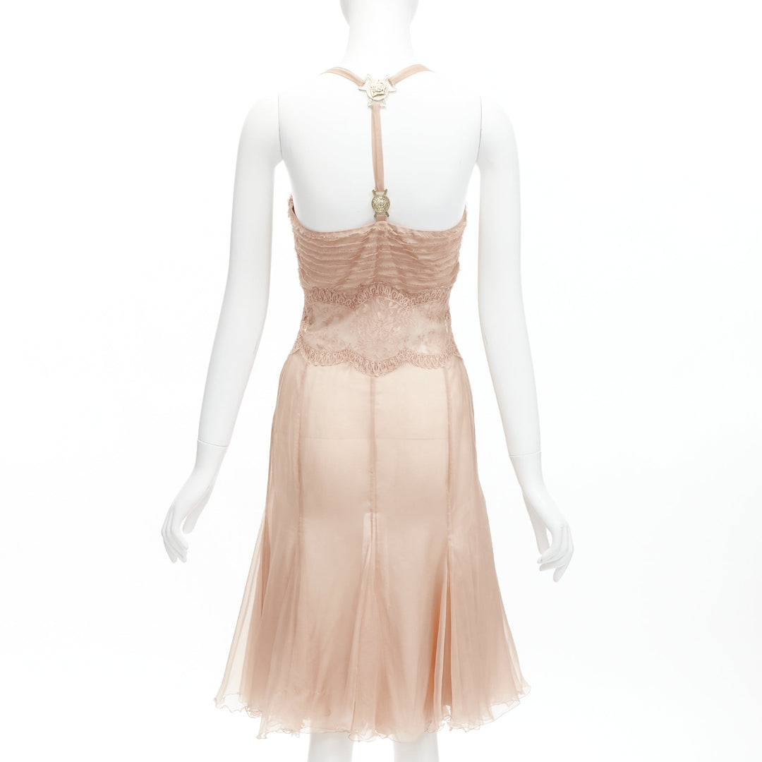 VERSACE 2005 Runway nude gold Medusa buckles sheer lace chiffon dress IT38 XS
