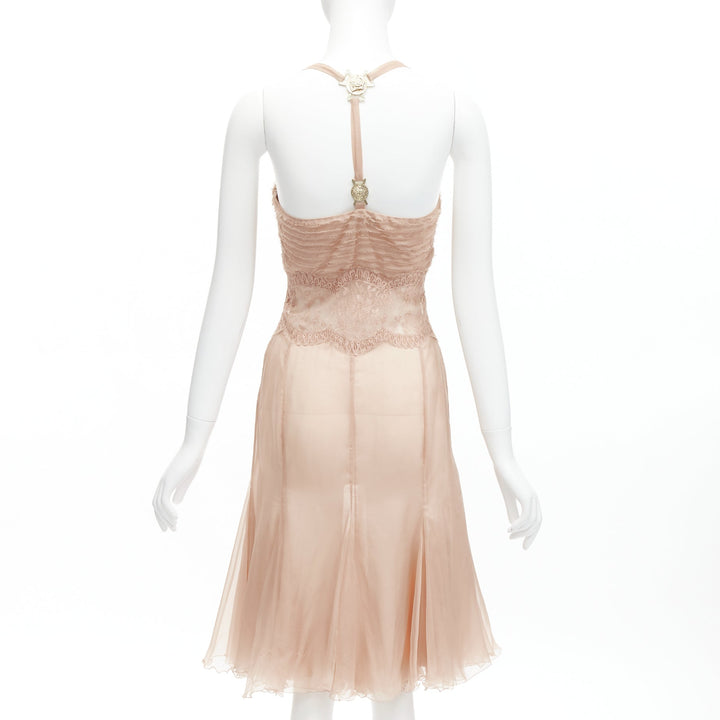 VERSACE 2005 Runway nude gold Medusa buckles sheer lace chiffon dress IT38 XS