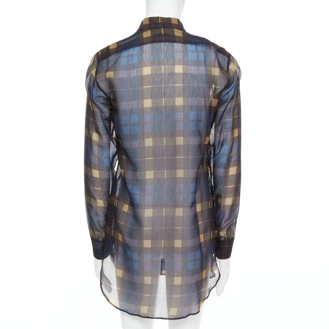 DRIES VAN NOTEN blue beige cotton silk sheer checked shirt IT48 M