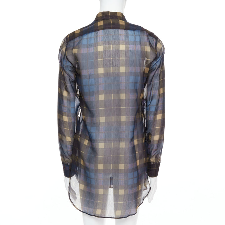 DRIES VAN NOTEN blue beige cotton silk sheer checked shirt IT48 M