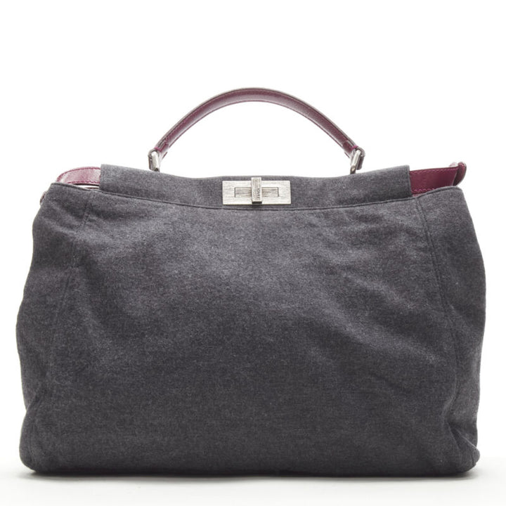 rare FENDI Peekaboo grey wool burgundy textured leather shoulder satchel bag