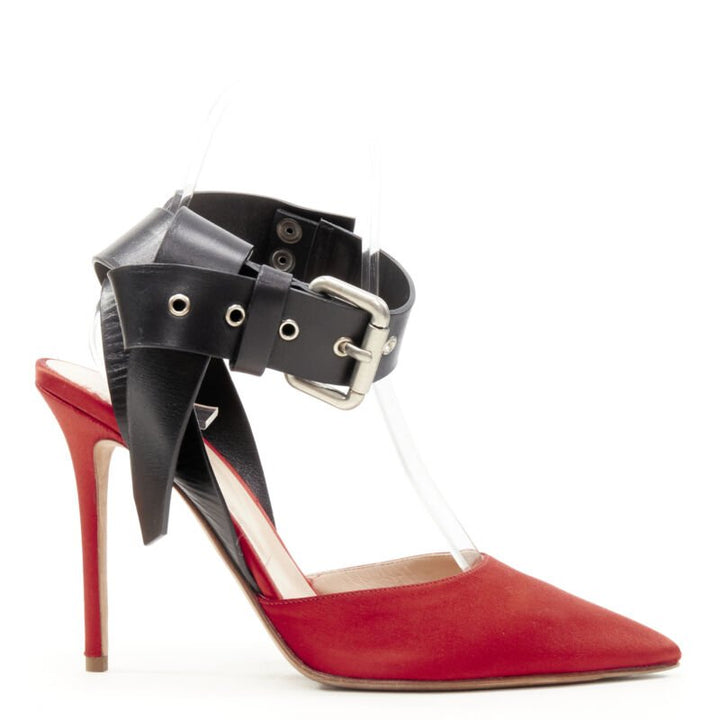 MONSE Runway red satin black punk ankle strap pump EU39