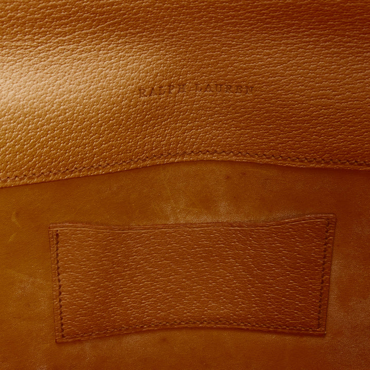 RALPH LAUREN tan textured leather gold logo push lock flap flat clutch bag