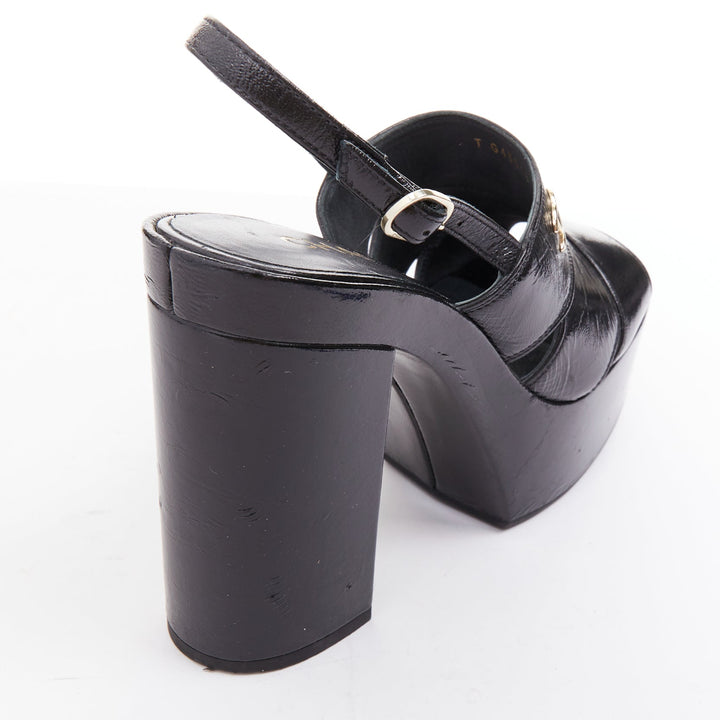 CHANEL 2024 black crumpled leather silver CC logo wedge platform heels EU37.5