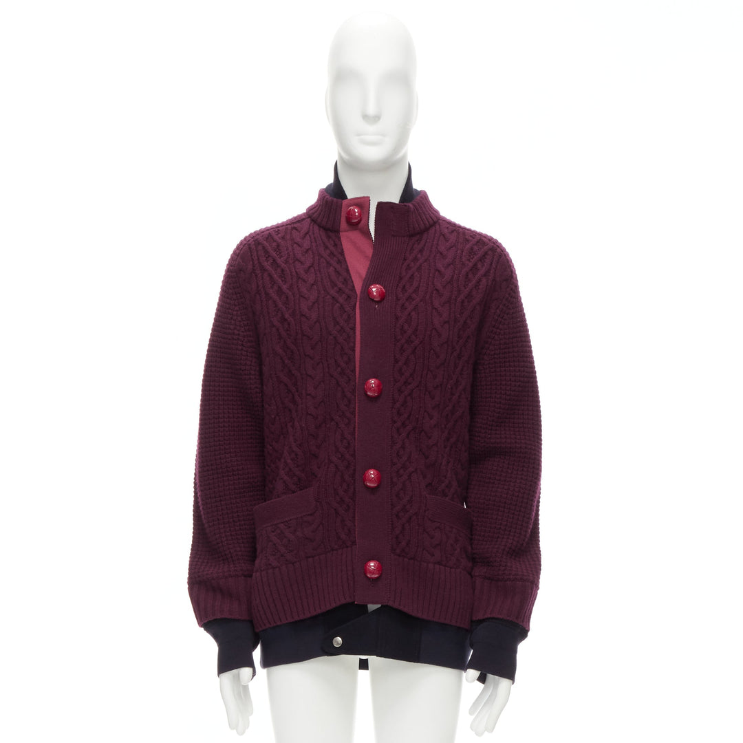 SACAI 2016 burgundy 100% wool cable knit layered hem cardigan JP3 L
