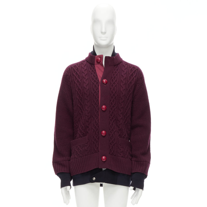 SACAI 2016 burgundy 100% wool cable knit layered hem cardigan JP3 L