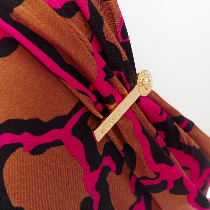 VERSACE Runway mixed giraffe print gold logo clip body con wiggle dress IT36 XXS