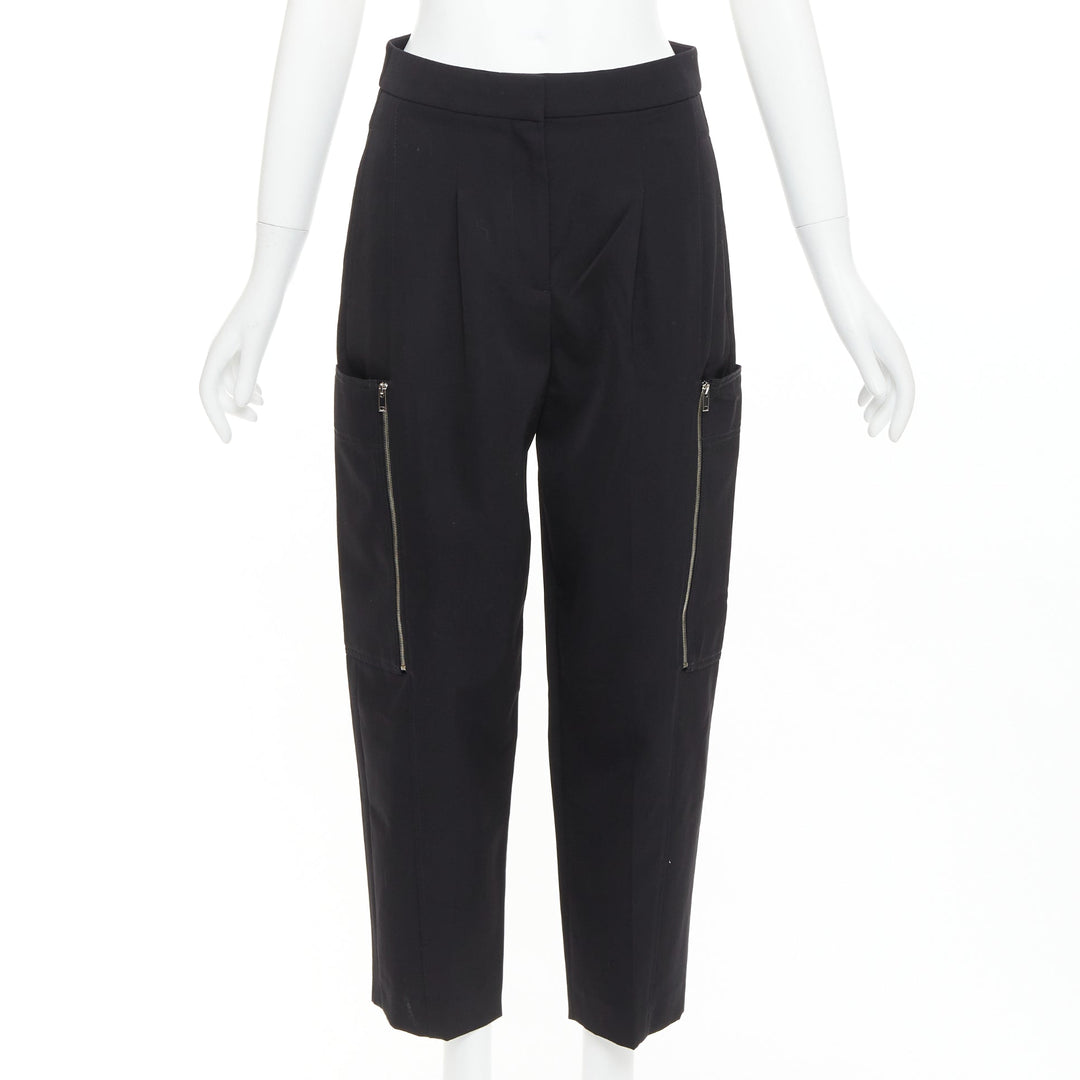 STELLA MCCARTNEY black wool twill silver zip pocketed tapered pants IT36 XXS