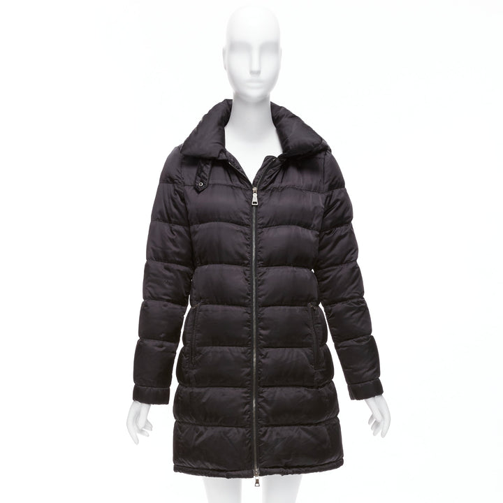 PRADA 2010 black shiny nylon hooded quilted long sleeve puffer coat IT42 M