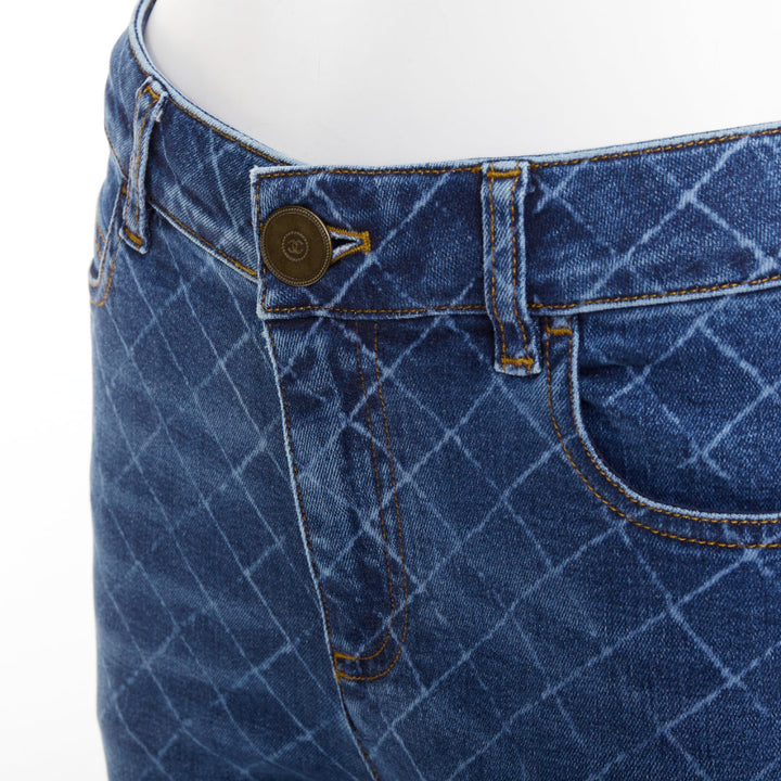 CHANEL blue washed diamond grid quilt mid waist skinny jeans FR38 M