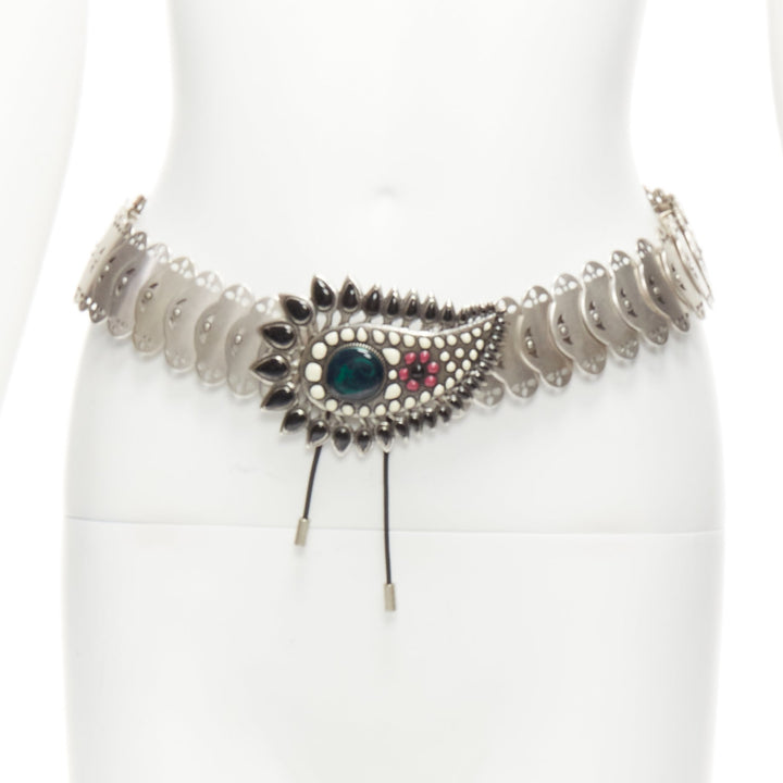 ISABEL MARANT Azema green embellished paisley silver metal plate chain belt 75cm