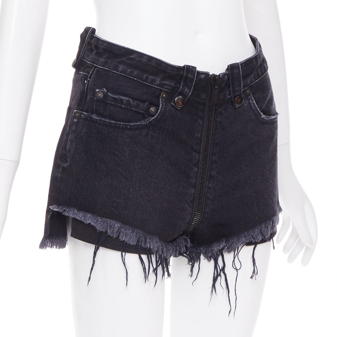 UNRAVEL PROJECT dark blue cotton zip around distressed mini shorts 25"