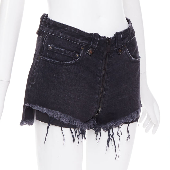 UNRAVEL PROJECT dark blue cotton zip around distressed mini shorts 25"