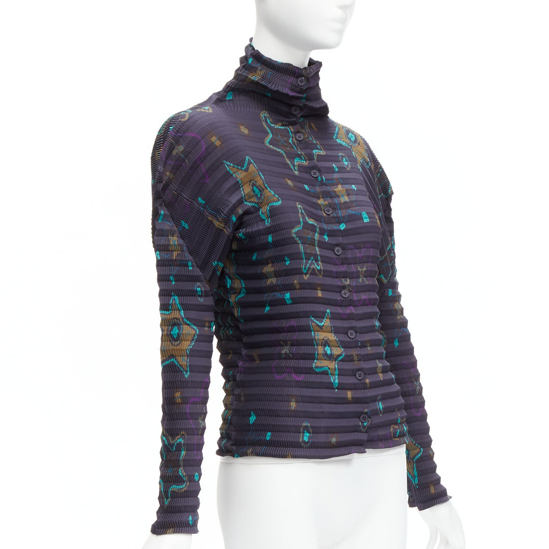 rare ISSEY MIYAKE PLEATS PLEASE green star dark blue collar pleated top JP2 M