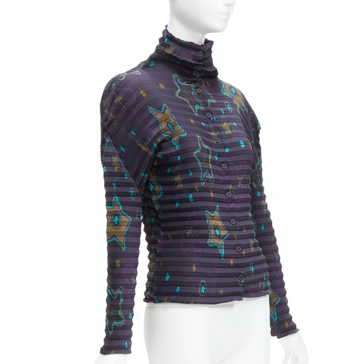 rare ISSEY MIYAKE PLEATS PLEASE green star dark blue collar pleated top JP2 M