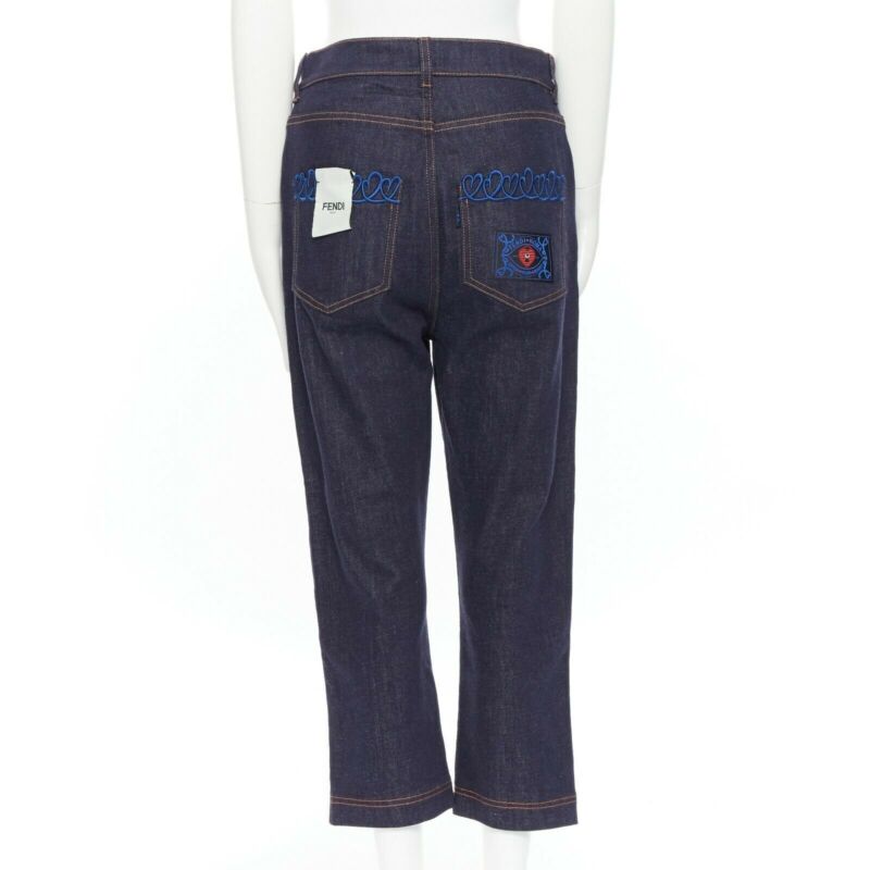 FENDI PF18 indigo blue crisp denim straight jeans 3/4 heart embroidery IT40 S
