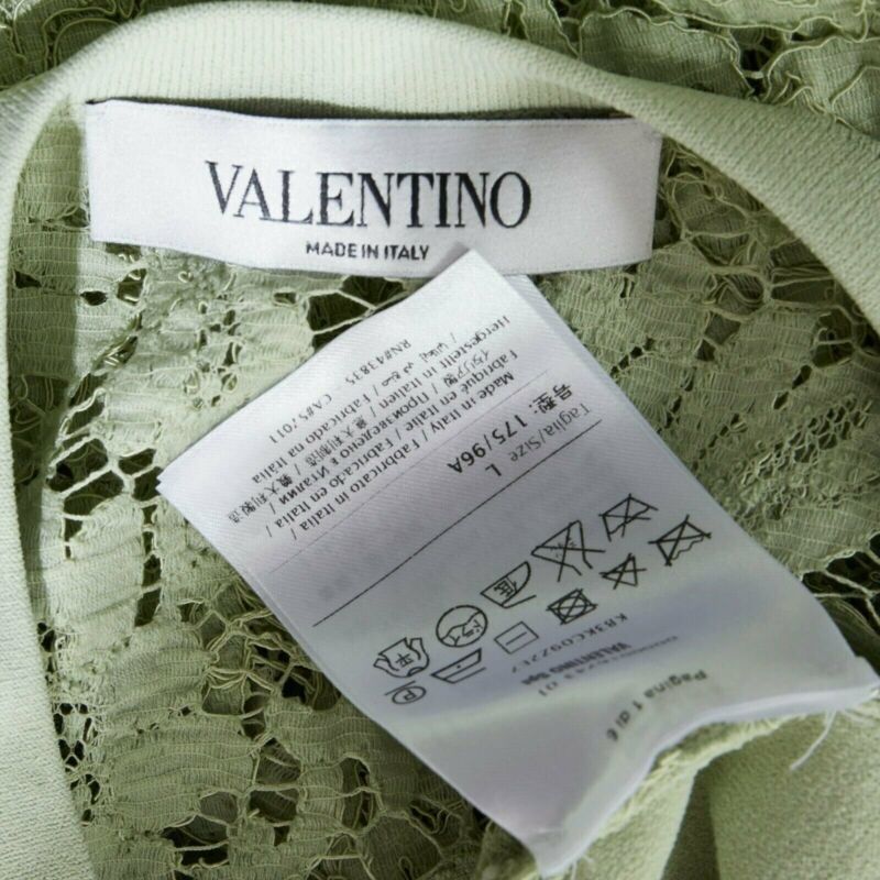 VALENTINO pastel green cotton crepe floral lace pleated back mini dress L