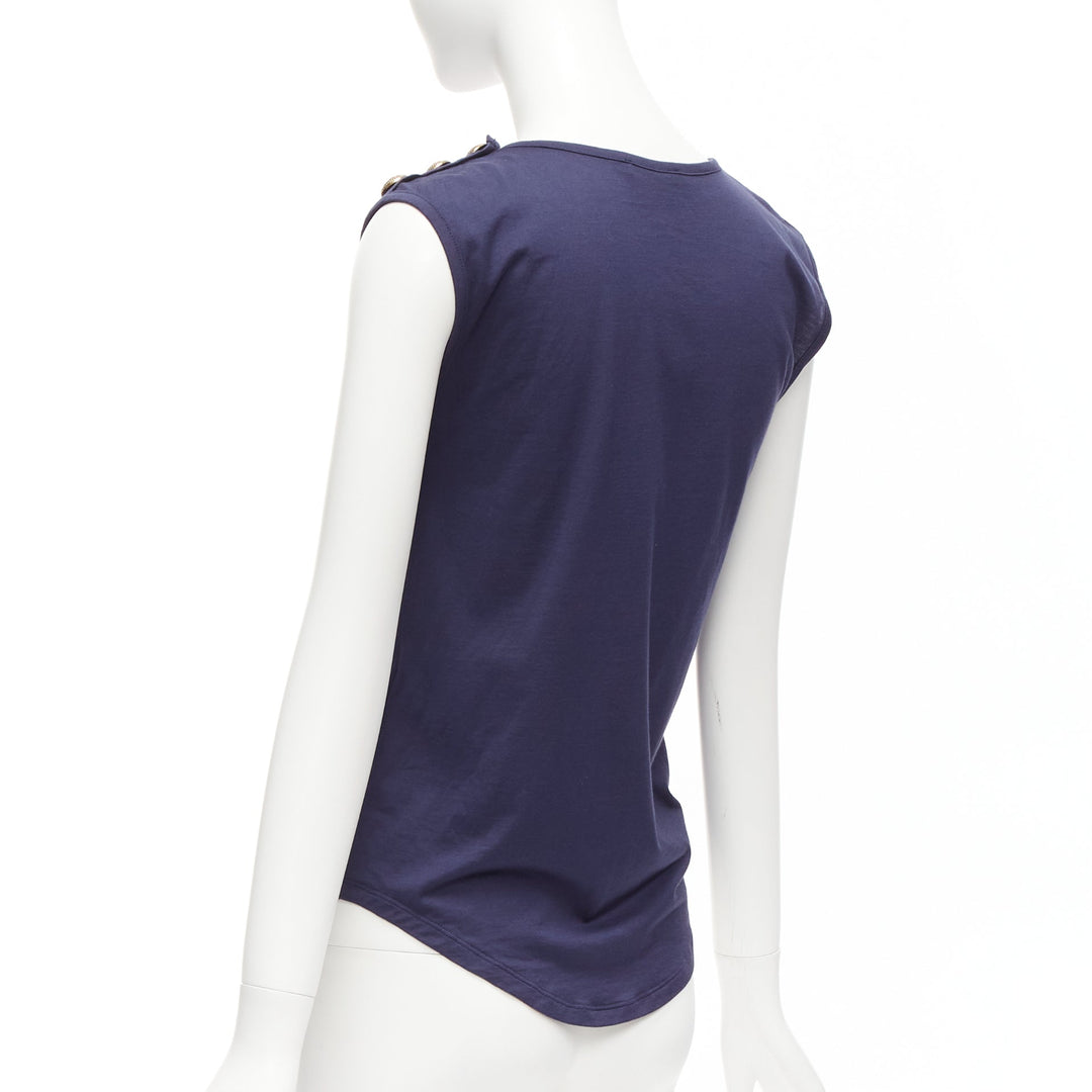 BALMAIN navy gold foil logo military button shoulder tank top FR34 XS