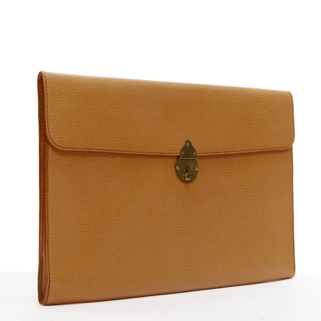 RALPH LAUREN tan textured leather gold logo push lock flap flat clutch bag