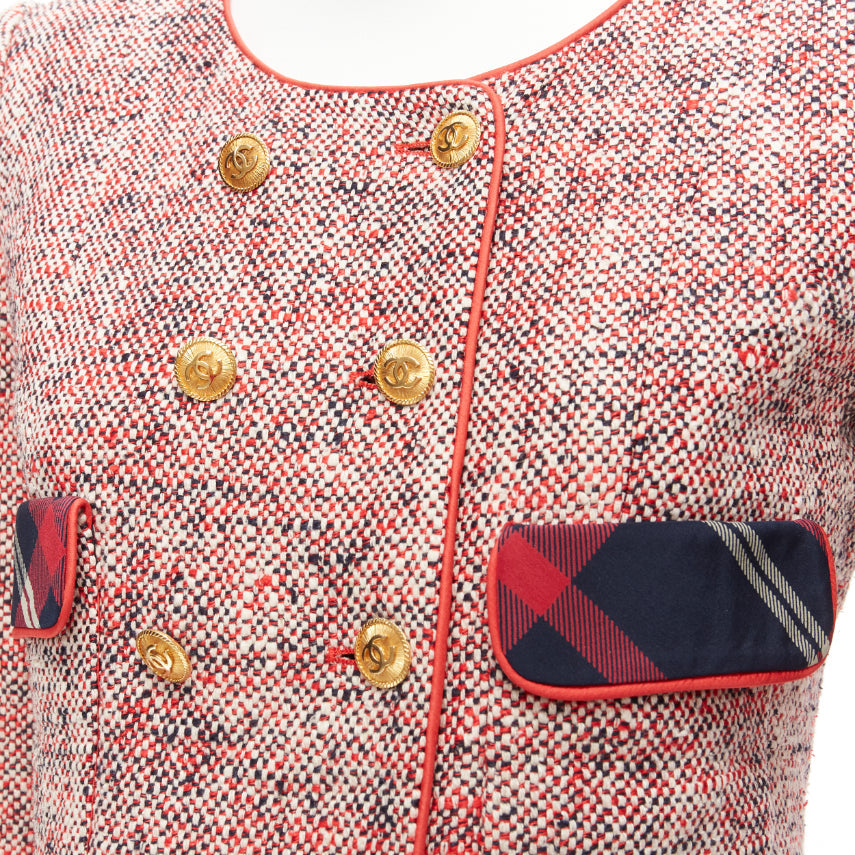 CHANEL Vintage red boucle tweed gold button double breast blazer jacket FR34 XS