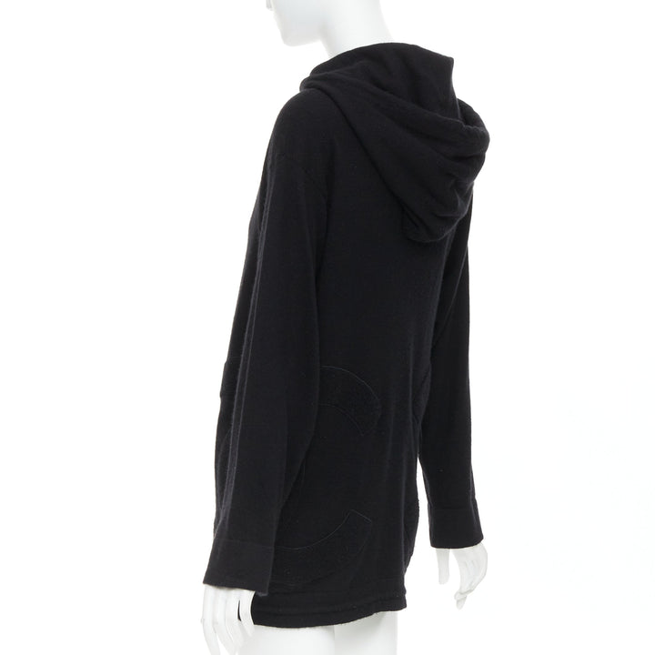 CHANEL 2015 Karl Lagerfeld 100% cashmere black double CC pockets hoodie FR34 XS