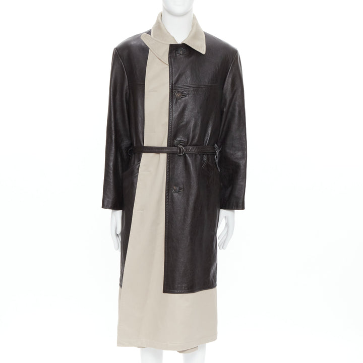 BALENCIAGA Fake Layering black leather beige trench belted coat M