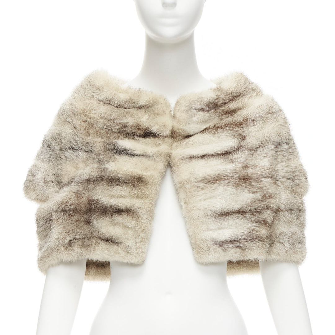 MARNI beige genuine fur striped colouring shawl bolero crop jacket IT40