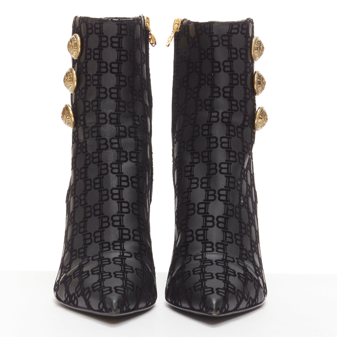 BALMAIN black BB monogram gold buttons high top stiletto boots EU38