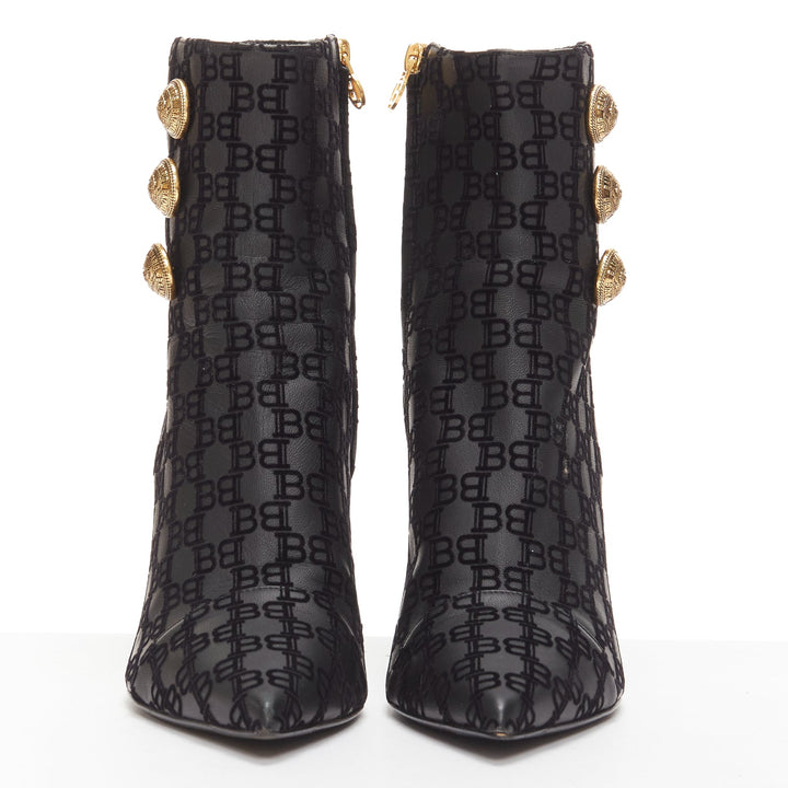 BALMAIN black BB monogram gold buttons high top stiletto boots EU38