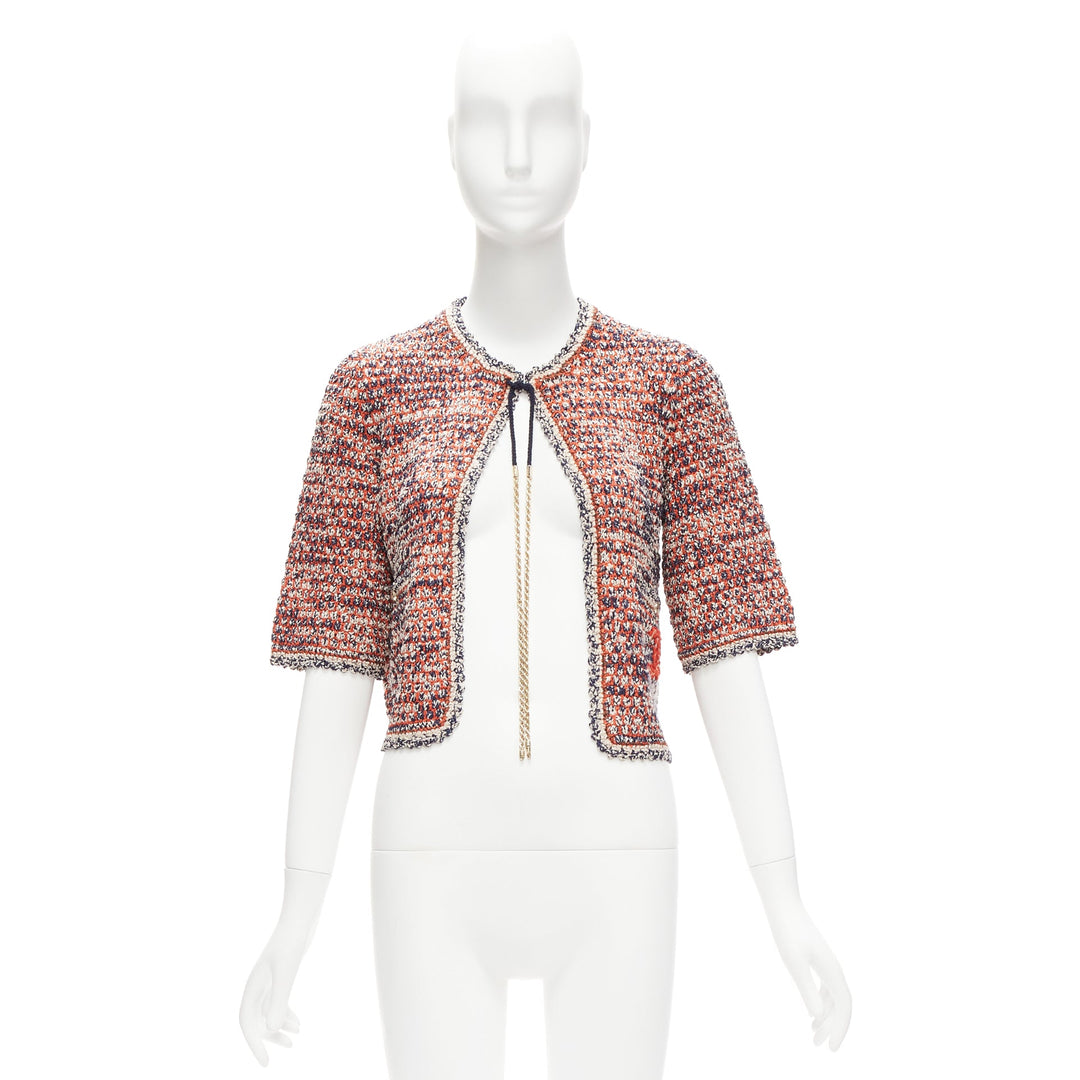 CHANEL 2011 red boule knit CC logo gold chain cropped jacket FR36 S