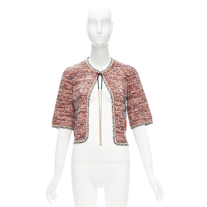 CHANEL 2011 red boule knit CC logo gold chain cropped jacket FR36 S