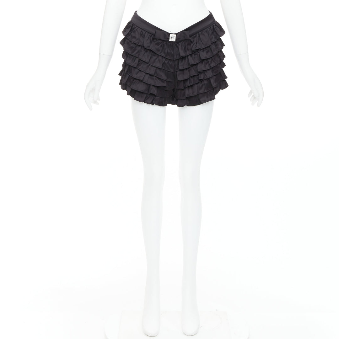SHUSHU TONG black viscose ruffle tiered crystal bow mini shorts UK6 XS