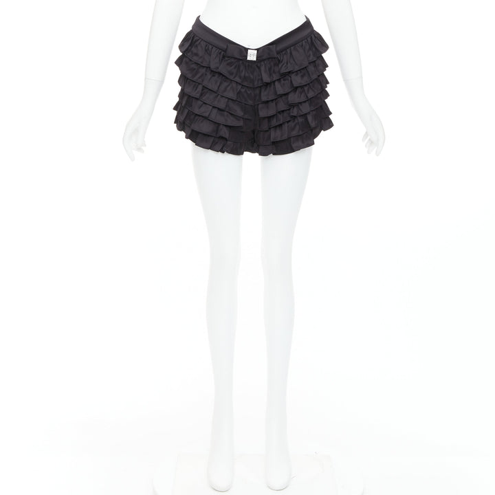 SHUSHU TONG black viscose ruffle tiered crystal bow mini shorts UK6 XS