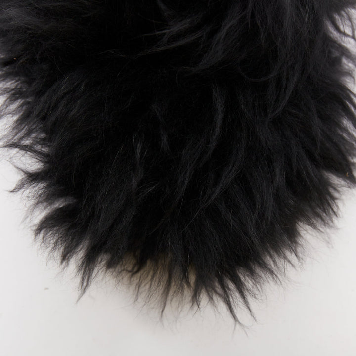CHANEL black silver CC logo mongolian lamb fur fluffy slippers EU37.5