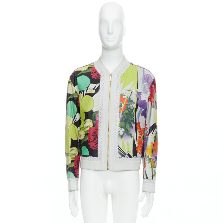 VERSACE 2013 Runway white leather geometric tropical print bomber IT50 L