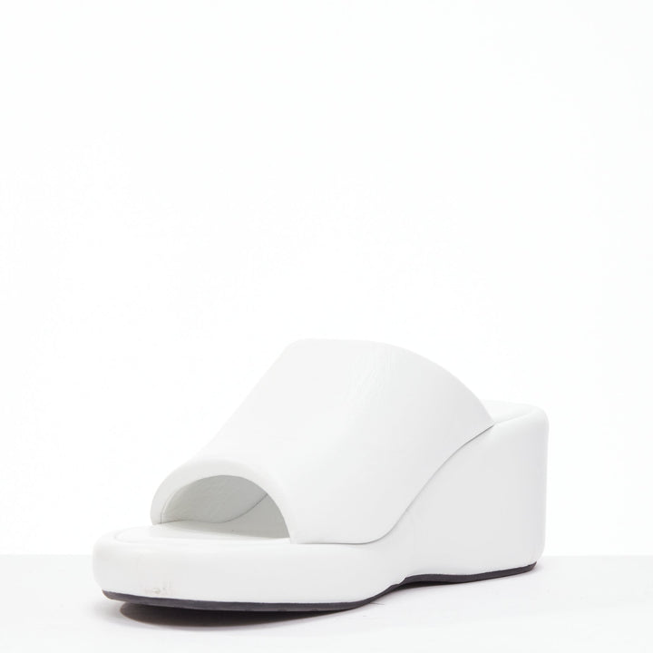 BALENCIAGA Rise white calf leather black logo padded wedged slides EU38