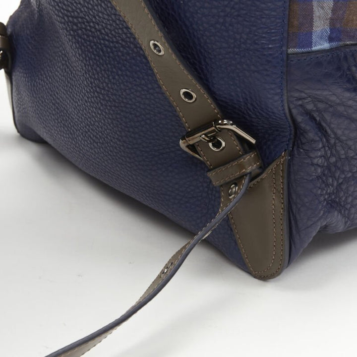 CHRISTIAN LOUBOUTIN Backloubi blue brown gingham check spike stud backpack bag