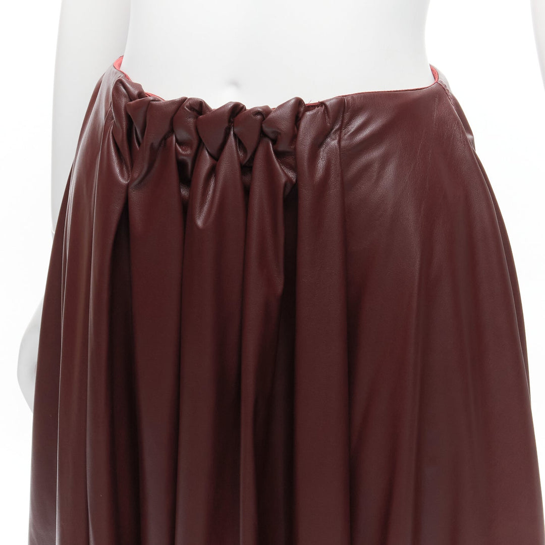 ROKSANDA burgundy faux leather wool lined ruched waist A-line midi skirt UK8 S
