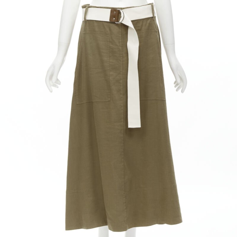 TIBI safari brown linen blend wide canvas belted wrap midi skirt US6 S