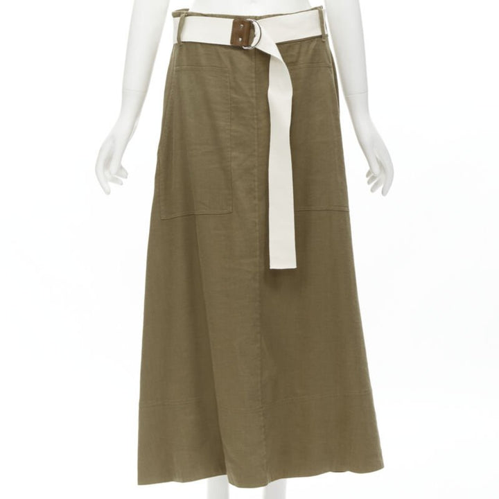TIBI safari brown linen blend wide canvas belted wrap midi skirt US6 S