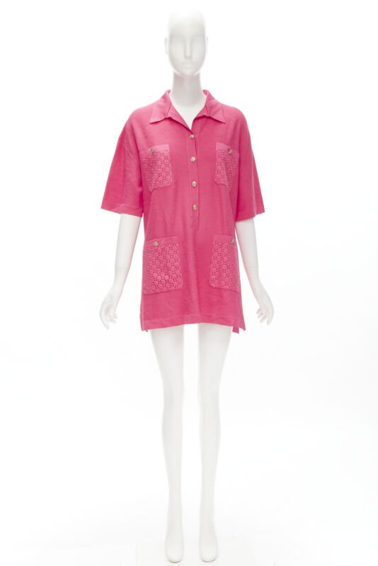 CHANEL pink viscose knit gold CC button embroidery anglais polo dress FR38 M