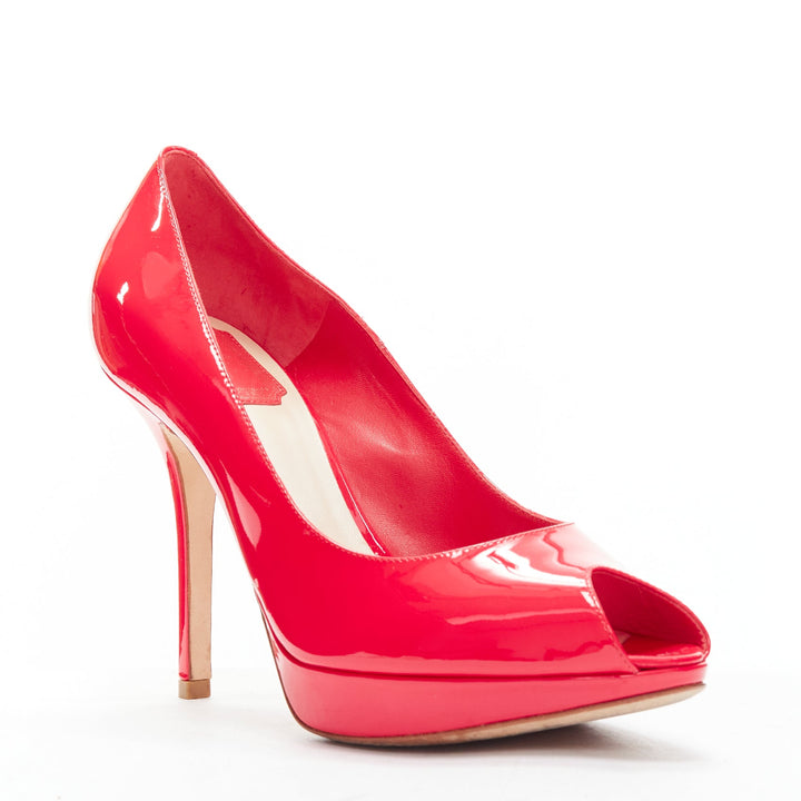 CHRISTIAN DIOR neon pink patent leather peep toe platform pumps EU38