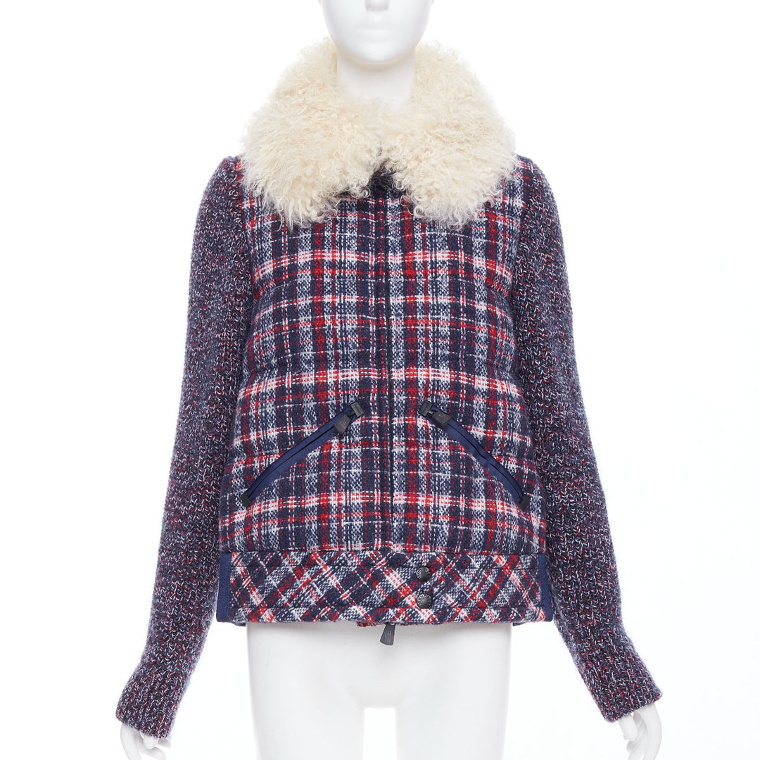 MONCLER GRENOBLE Runway Soleil red blue tweed fur collar down puffer Sz.0 XS